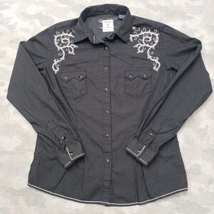 Panhandle Rough Stock Top Womens Small Black Western Pearl Snap Long Seeve